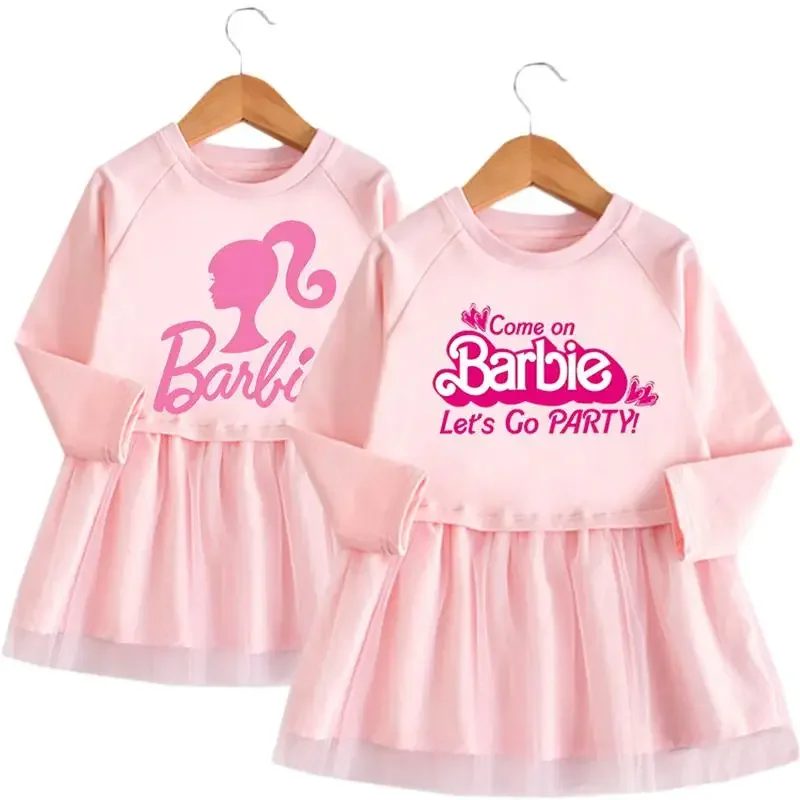 

Barbie Kawaii Children Long Sleeve Mesh Skirt Fashion Sweet Girls Princess Anime Cartoon Casual Pullover Tutu Dress Gift