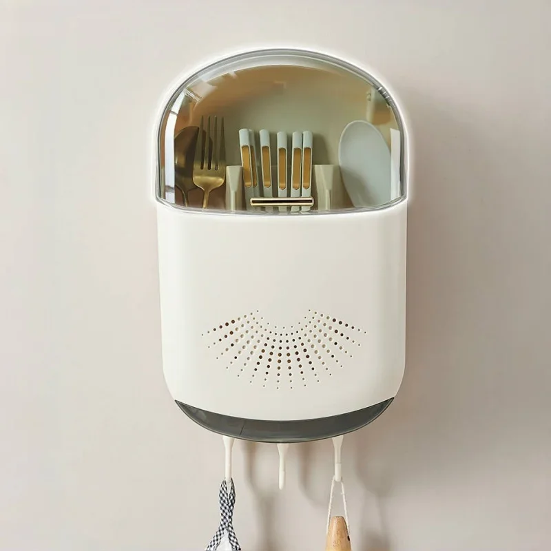 Wall-Mounted Dustproof Chopstick Holder Multi-functional Cutlery Holder Kitchen Knife Fork Spoon Container with Lid for Drainage 6