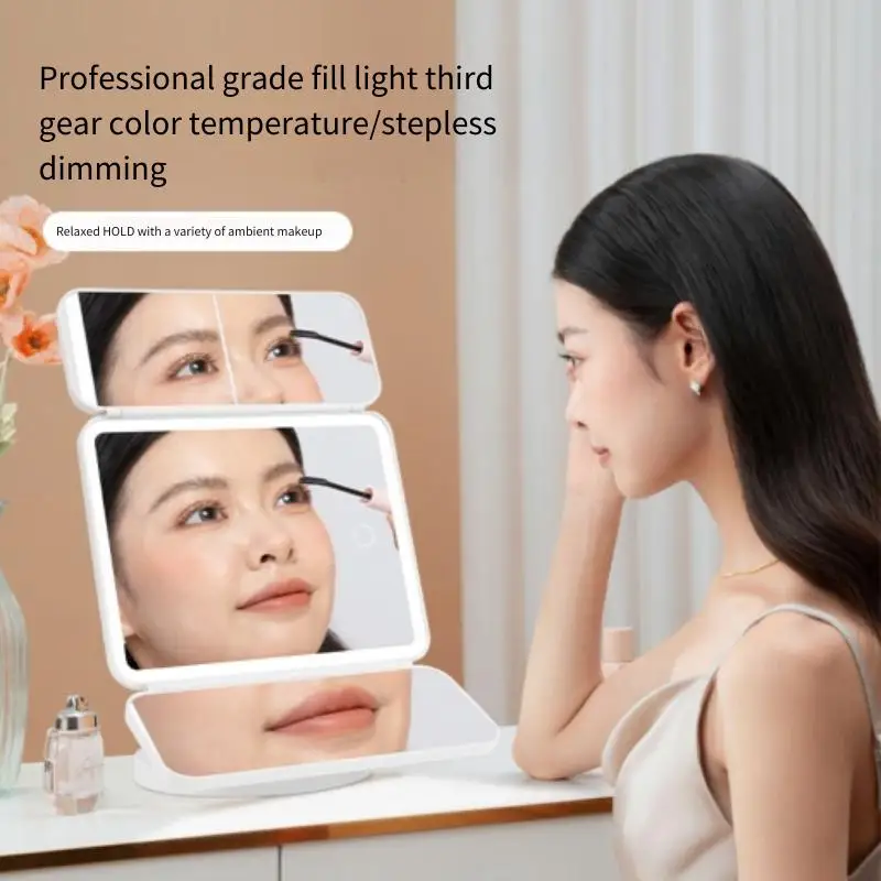 Makeup Mirror Trifold Makeup Mirror LED Lights Dorm Dressing Mirror Beauty Light up Fill light with Smart Complementary Makeup Tri makeup mirror