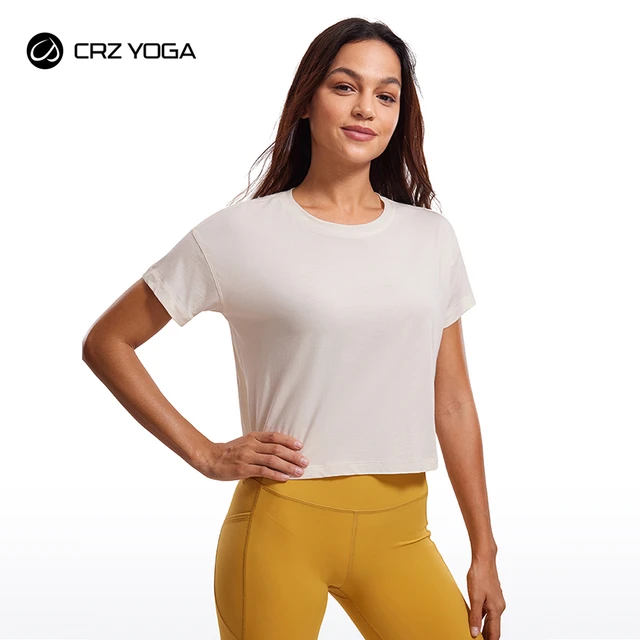 CRZ YOGA Women's Pima Cotton Workout Crop Tops Short Sleeve