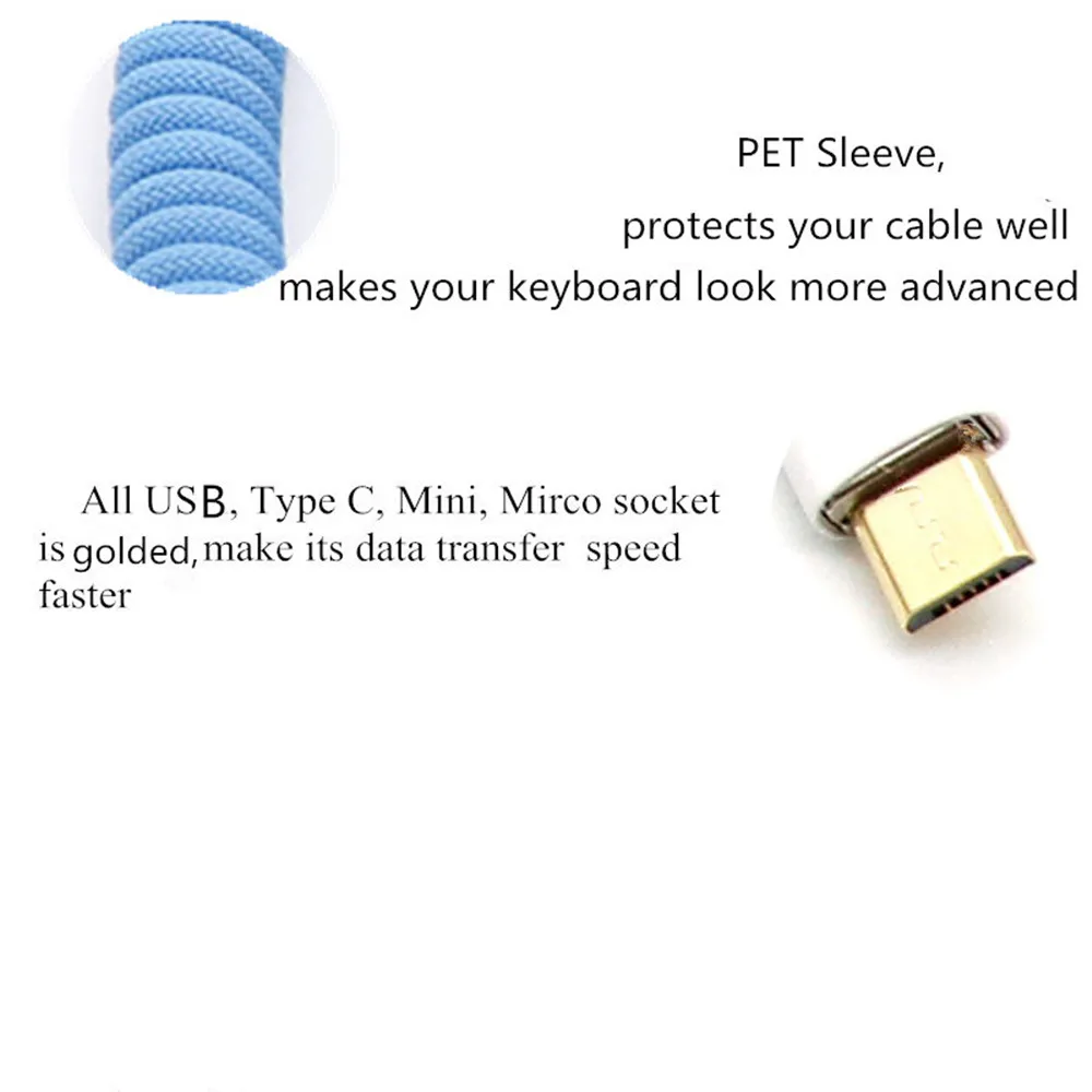 tipo Enrolado Preto Branco da Mola Usb da Forma de z Único Animal de Estimação Sleeved do Cabo da Bobina de c para o Cabo Mecânico do Teclado com Aviador Gx12 - Imagem 5