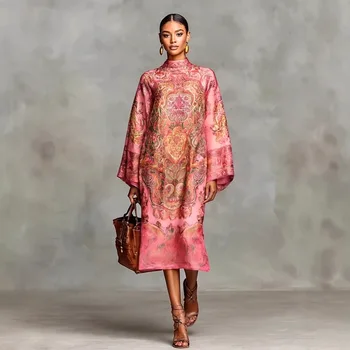 Fashion Print Long Dress Women 2025 Autumn Long Sleeve Loose Half High Collar Maxi Dresses Elegant Robes Femme 1