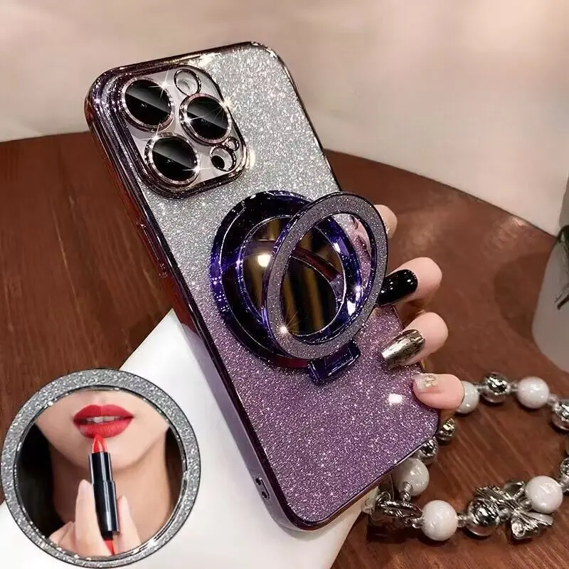 Glitter Make Up Case with Magsafe Holder and Pearl Chain Design