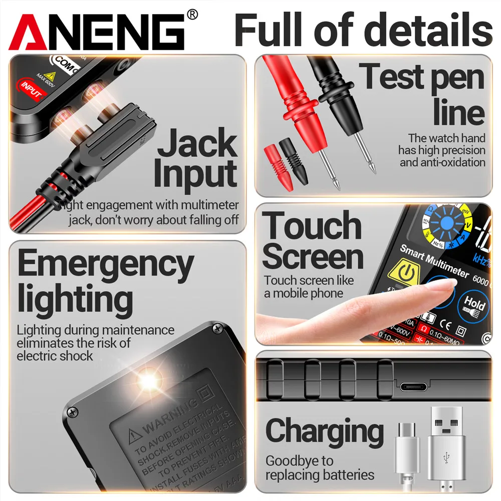 ANENG 615 Smart Multimeter Touch Multitester AC/DC Current Voltage Tester 6000 Counts NCV Meter Battery Charging Instrument Tool