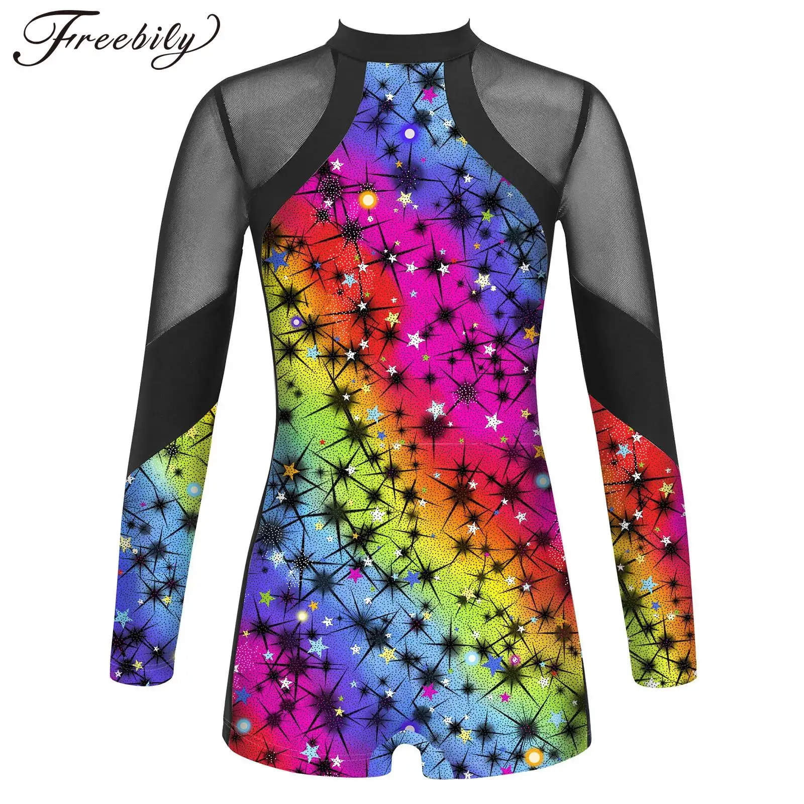 

Kids Girls Ballet Gymnastics Leotard Long Sleeves Sparkle Stars Skating Jumpsuit Unitard Stage Performance Costume Dance Wear