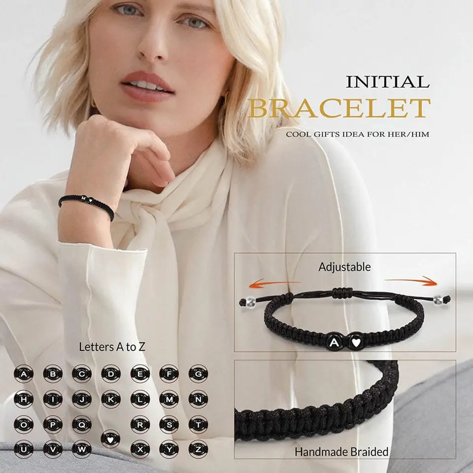Bracciale Con Iniziale E Cuore Per Donna – Regolabile, Fatto A Mano, Intrecciato, Lettera Dalla A Alla Z, Regalo Amicizia - 2