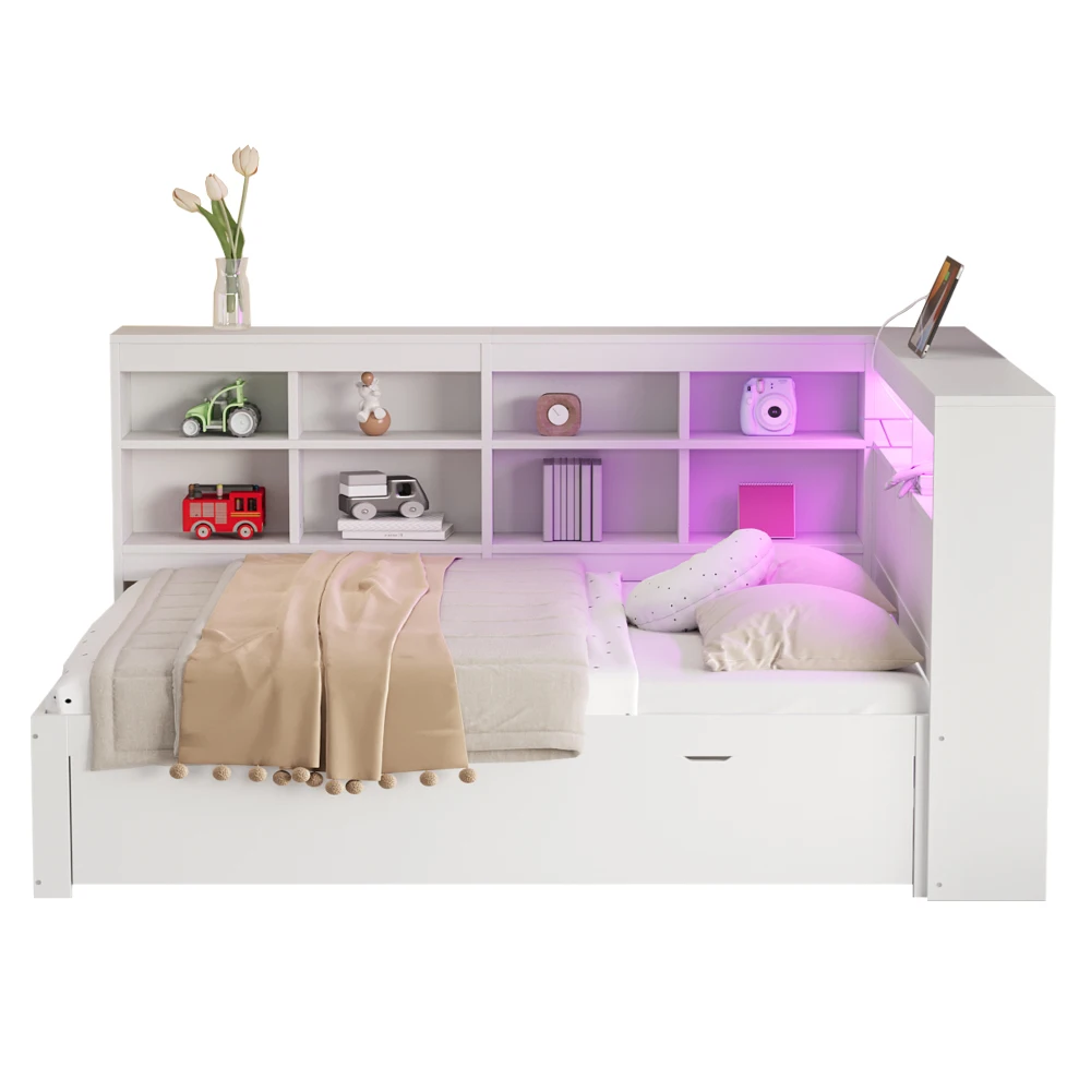 140 x 200 cm großes Schlafsofa aus Massivholz, mit extra großen Schubladen und Ablagefächern, mit USB-Buchse und LED-Lichtleiste, Weiß/Grau – Detail 10