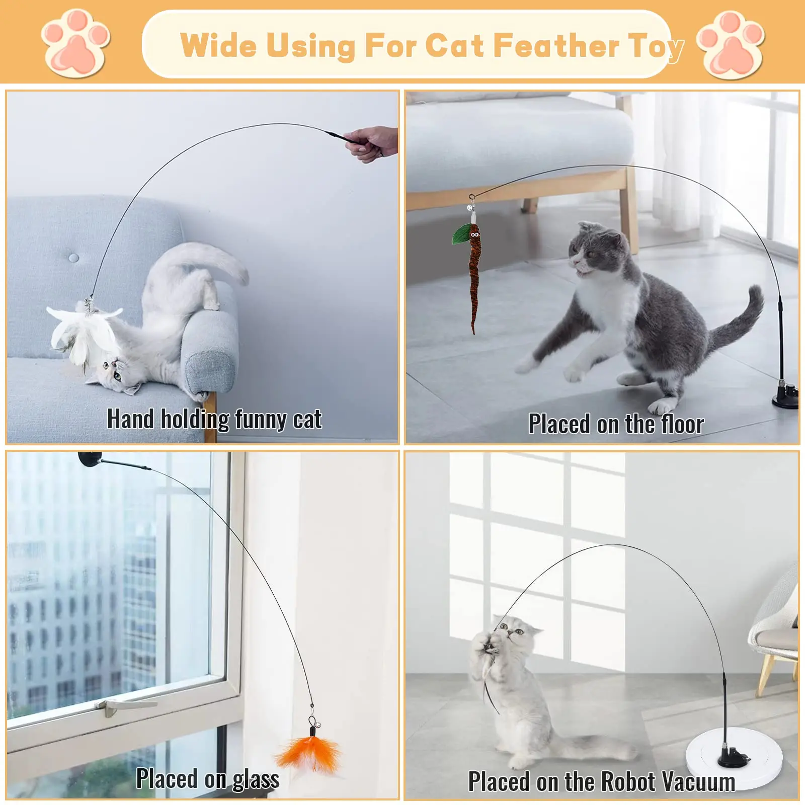Cats Toys Feathers Wand Interactive Toy Kitten Toys Detachable 2 PCS Feather Replacements Cat Accessories with Super Suction Cup