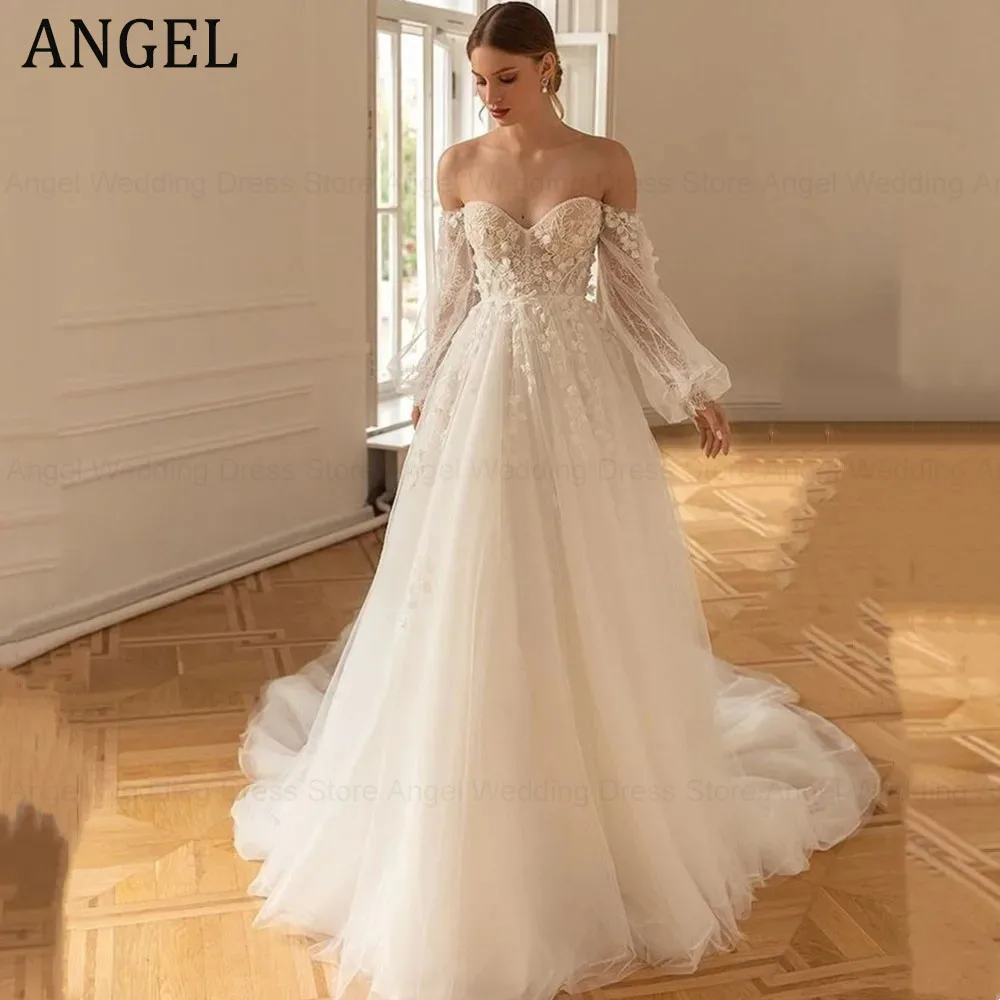 

ANGEL Off The Shoulder A-Line Wedding Dresses Lace Long Puff Sleeves Sweetheart Bride Dress Illusion Backless Bridal Gown