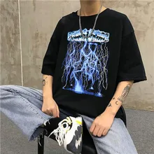 

Harajuku Cotton Men Hip Hop T Shirts Streetwear Lightning Print Tshirt Oversized T Shirt Summer Short Sleeve Plus Size Tops Tees