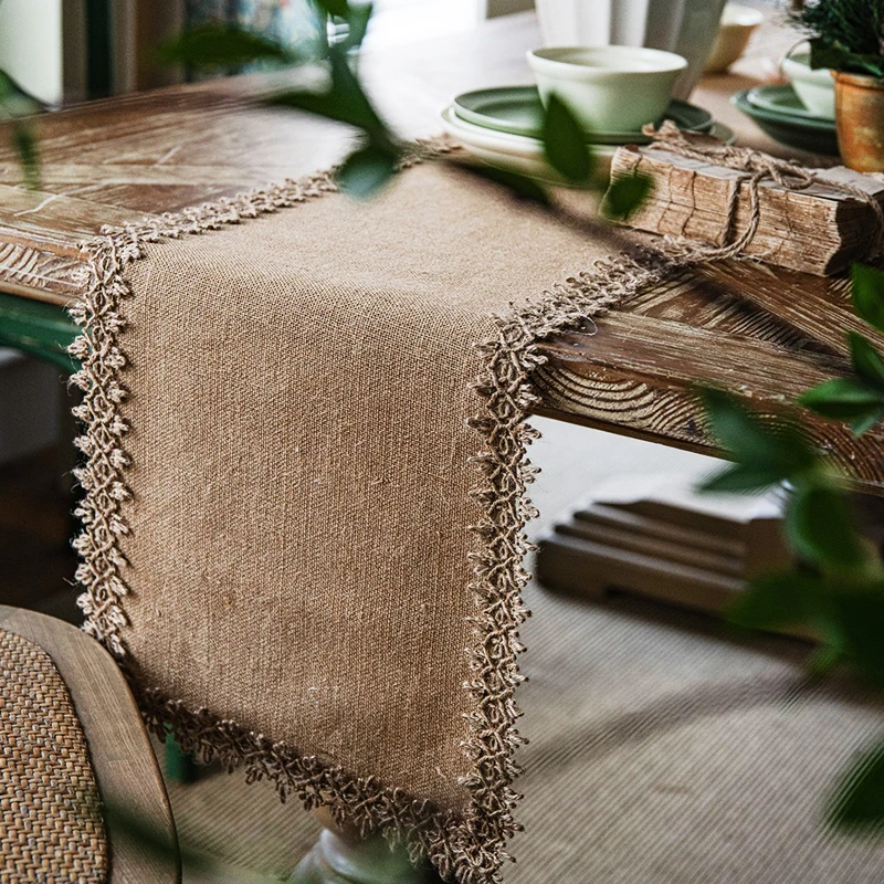 

Vintage Hemp Rope Lace Table Runner Natural Jute Table Cloth Festival Tablecloth Porch Cover Towel Wedding Party Home Decoration