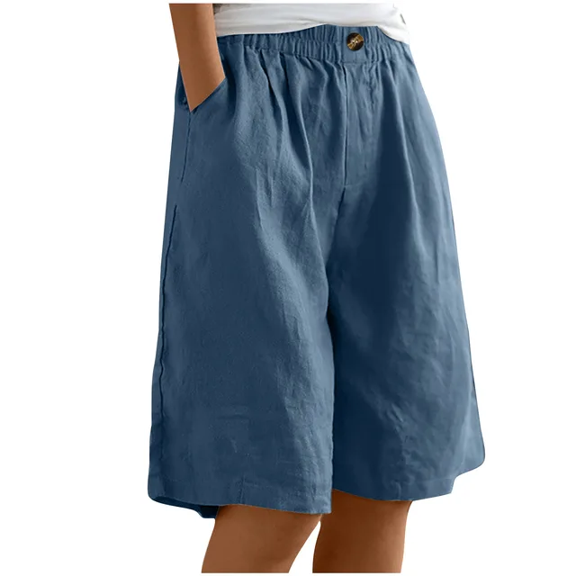 Women Bermuda Shorts Plus Size Cotton Linen Short Pant with Pockets Oversize Elastic Waist Running Shorts Casual Wide Leg Summer