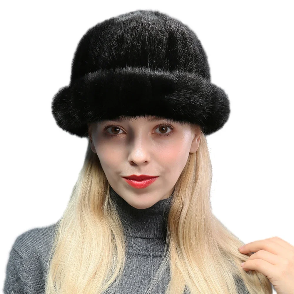 女性のための本物のミンクの毛皮のトップ暖かい冬の帽子茶色黒