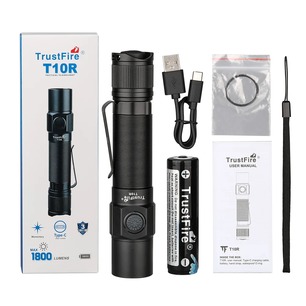 Trustfire-T10R Poderoso Tipo C USB Recarregável LED Lâmpada Tática Militar, Lanterna Tática do Exército, 1800Lumen, 18650