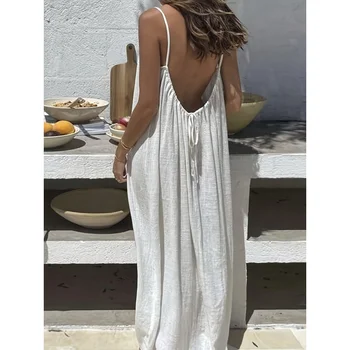 Women's Solid Color Backless Cami Dress Strappy Lounge Dress Open Back Maxi Length with Relaxed Fit Comfortable Home Wear​ 1
