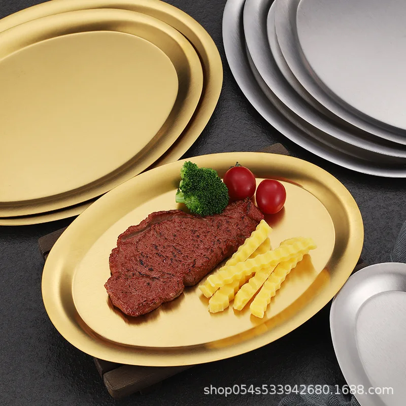 304 Stainless Steel Oval Plate, Gold Barbecue Plate, Light Flat, Thickened Fish Dinner Denier Tray, Dessert Plate