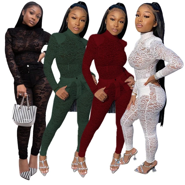Fitness Women Sets Turtleneck Full Sleeve Lace Bodysuit + Pants Suit 2  Piece Set Lace Sexy See Through Club Tracksuits Outfits - Pant Sets -  AliExpress