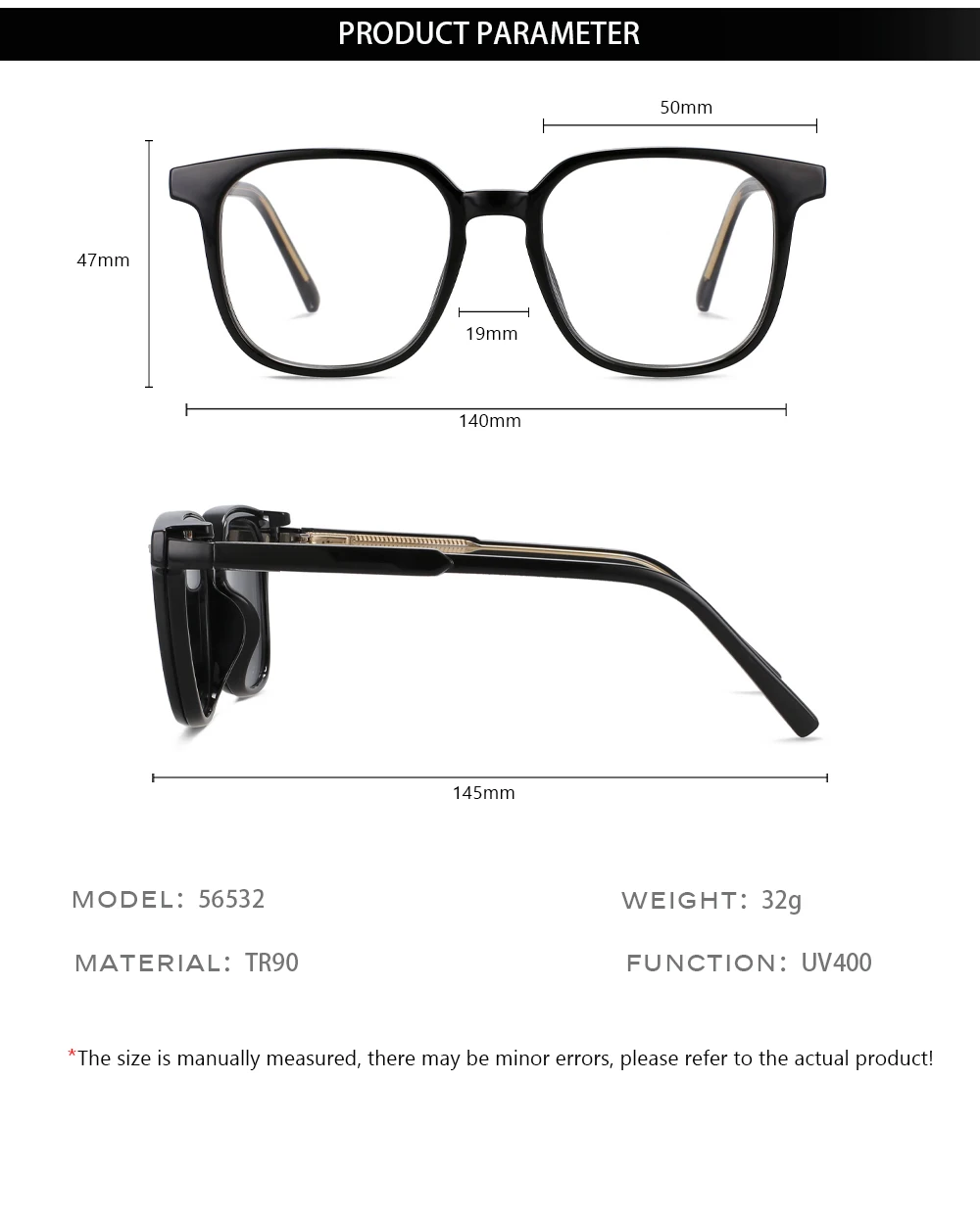 R56532 Damen quadratische Lesebrille 100 ~ 300 polarisierte Magnet clip Frauen Mode presbyopische Brille – Detail 2