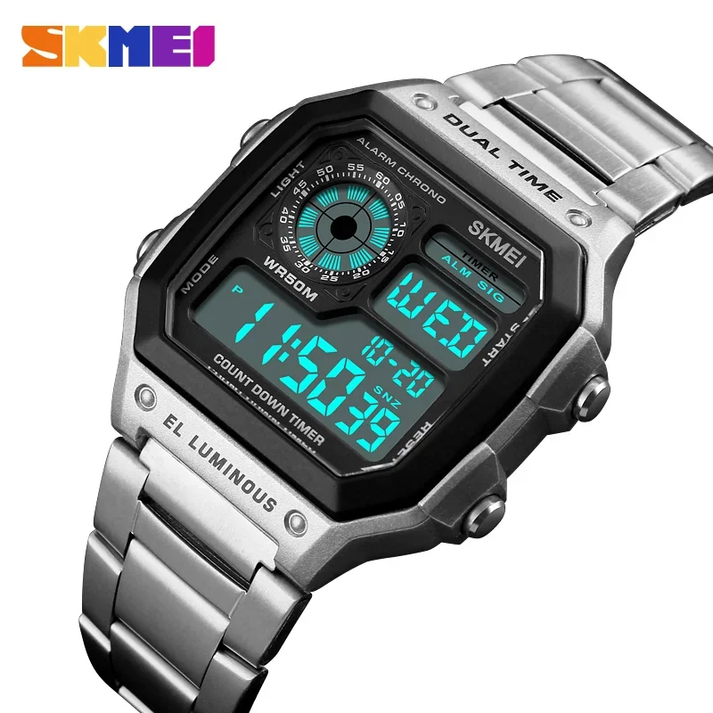 SKMEI 1335 Retro SportsDigital Watch for Men Waterproof Chrono Electronic Mens Wristwatches Stainless Steel Clock Reloj Hombre