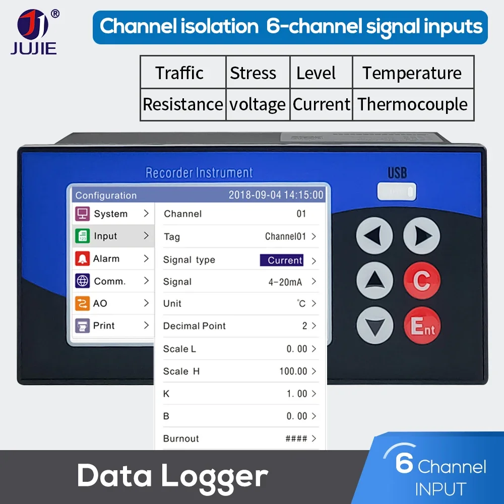 Multichannel Data Recorder PT100 K TC Temperature Sensor Datalogger Color Screen Display Digital Curve USB Data Transfer Analog