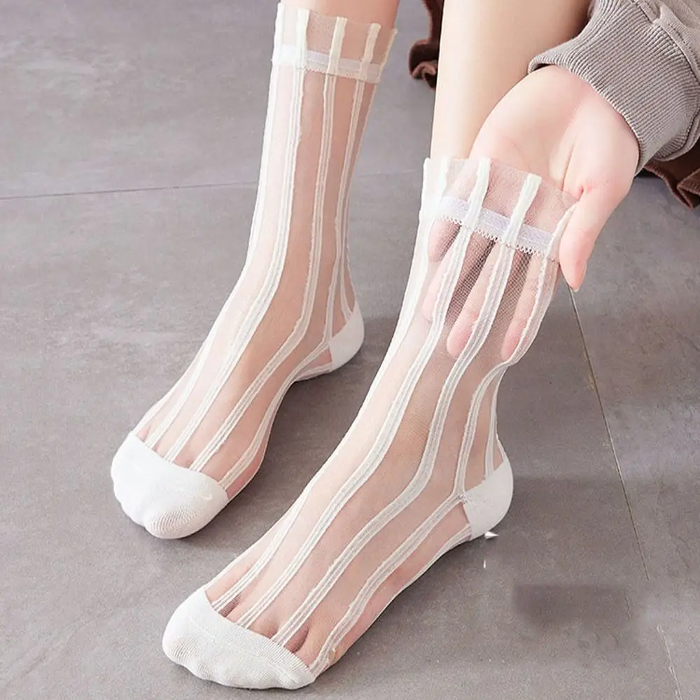 

Fashion Cute Japanese style For Women Summer Transparent Middle Tube Socks Glass Silk Socks Striped Socks Female Hosiery