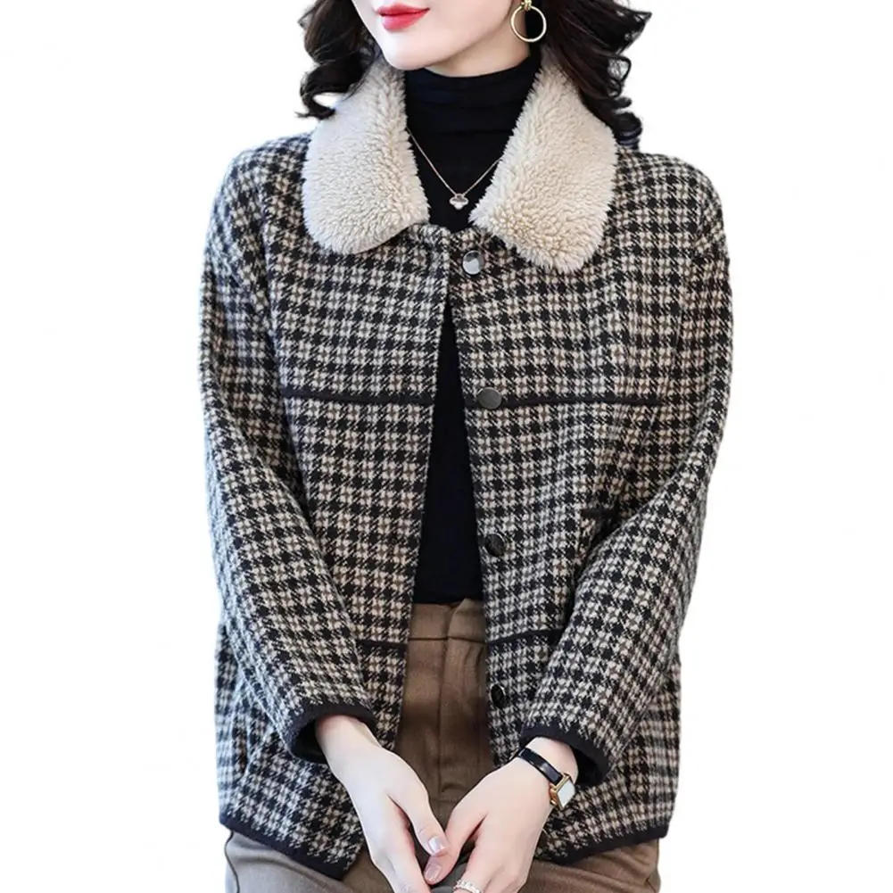 Women Coat Plush Vintage Plaid Coat Women's Warm Single-breasted Jacket with Lapel Double-sided Knit for Autumn Winter Women