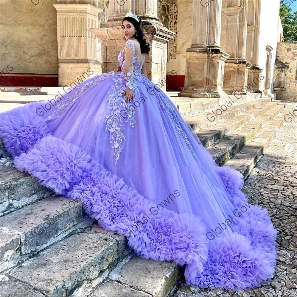 Purple Sweetheart Ball Gown Quinceanera Dress Beaded Appliques Birthday Party Gowns 3D Flowers Ruffles Sweet 16 15 Customized
