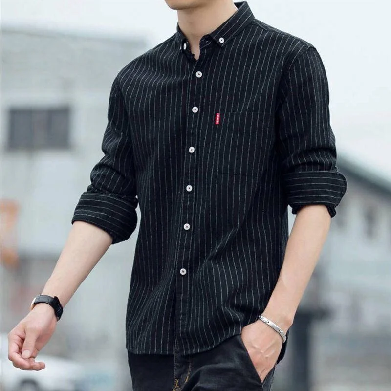 Autumn KPOP Fashion Style Harajuku Slim Fit Tops Loose Casual All Match Stripe Shirt Korean Style Thick Button Long Sleeve Blusa