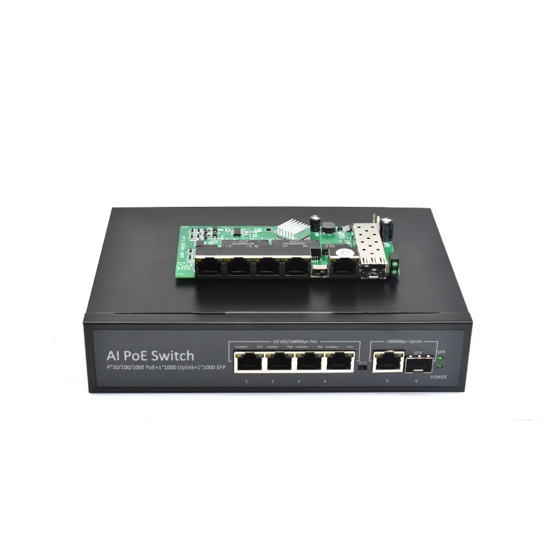 Smart POE Switch Gigabit 4 Port + 1 Port Uplink + 1 SFP Slot Fiber Switch Support AI and 6KV Lightning Protection For NVR CCTV tinosec 32ch security surveillance system 5mp poe camera kit smart ai detection night vision playback cctv protection camera set