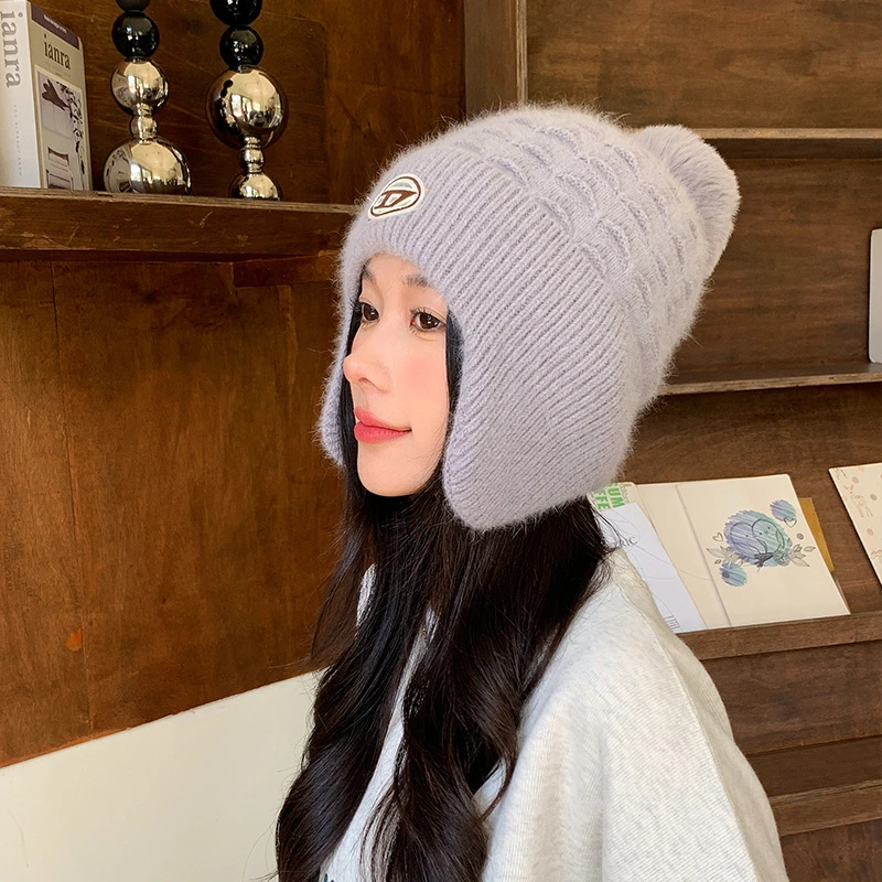 Winter Knit Wool Ear Protection Hats for Women Warm Thicken Plush Lining Beanie Cap with Earflap Outdoor Female Earmuff Hats 5
