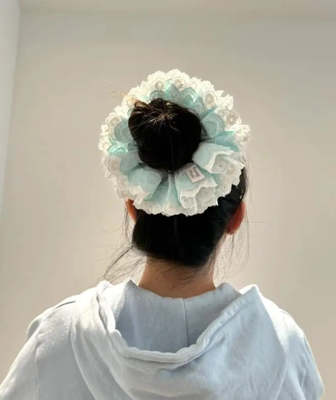 Oversized Four-layer Embroidery Lace Pleated Scrunchie High Quality Fashion Korea Plaid Patchwork Hair Band Headwear Accessories