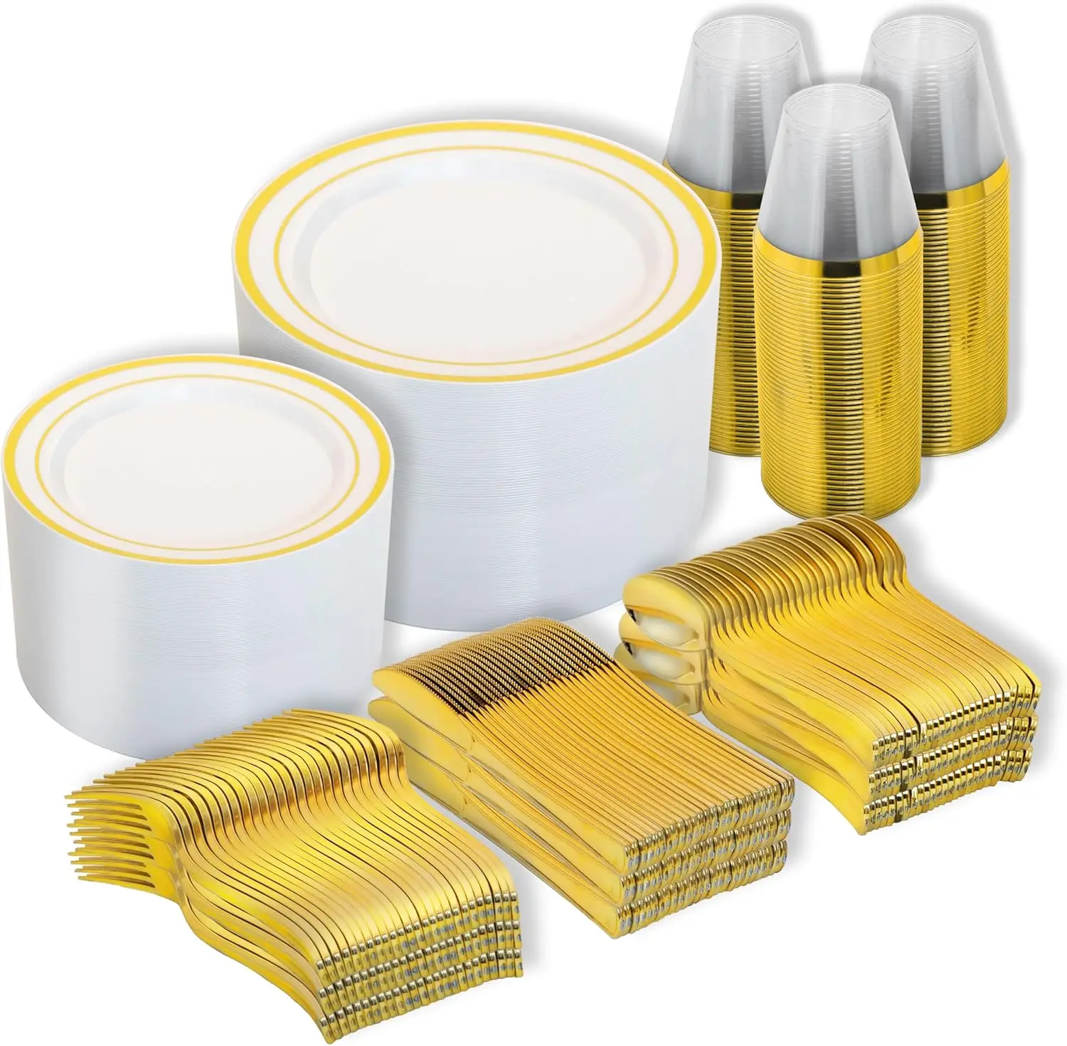 600PCS Disposable Plastic Plates Gold Plastic Dinnerware Set Includes 100 Dinner Plates Dessert Cups Spoons Forks Knives