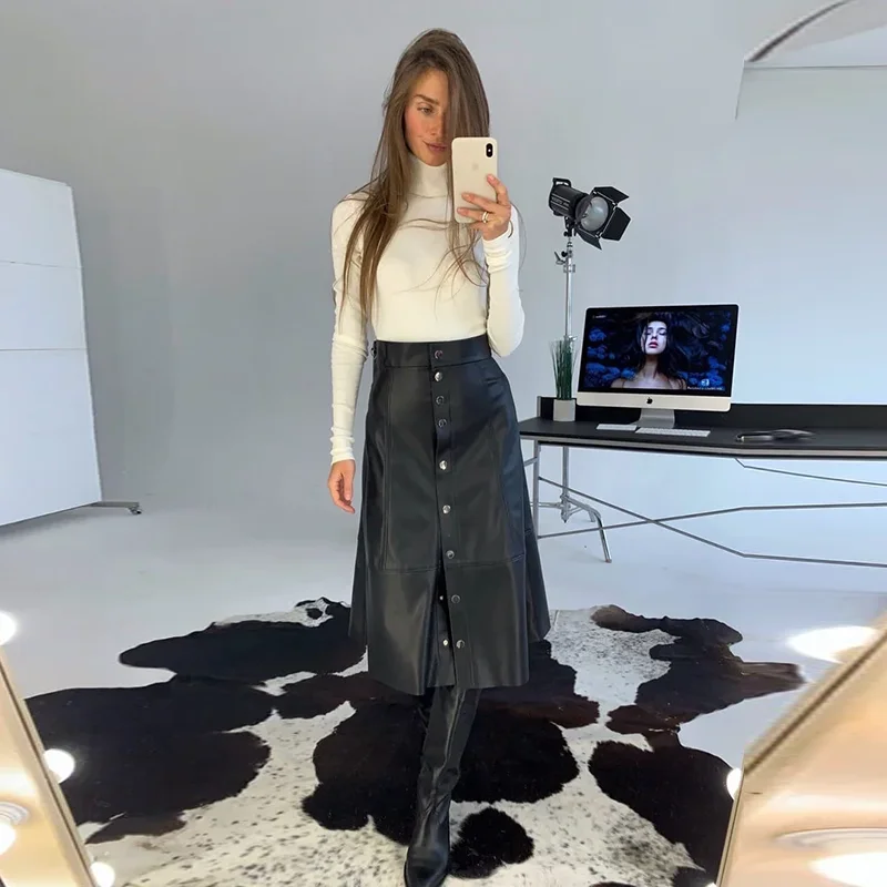 a line skirt Churses Casual Single-Breasted PU Leather A-Line Midi Skirts Autumn Winter Home Wear Warm Office Lady Skirts 2021 New Arrival summer skirts