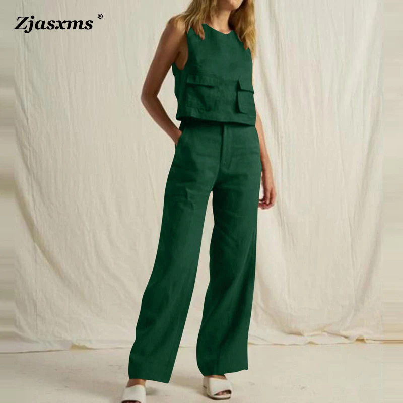 

2023 Summer Casual Sleeveless Top & Pocket Pants Suits Fashion Lady Office Outfits Women Solid Color Cotton Linen Two Piece Set