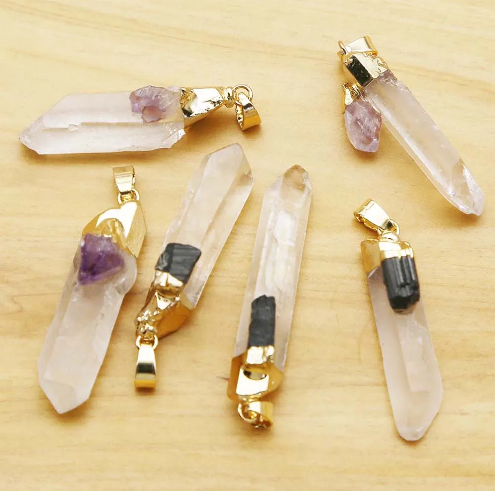Sell Natural Raw Stone White Crystal Pillar Necklace Pendant Inset Obsidian Amethyst Charm Jewelry Accessories Wholesale 6Pc/Lot