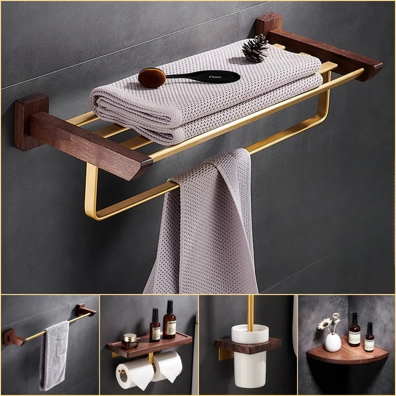 Wall Mounted Towel Rack North American Walnut Toilet Paper Holder Brushed Brass Storage Shelves Practical Versatile Shower Shelf