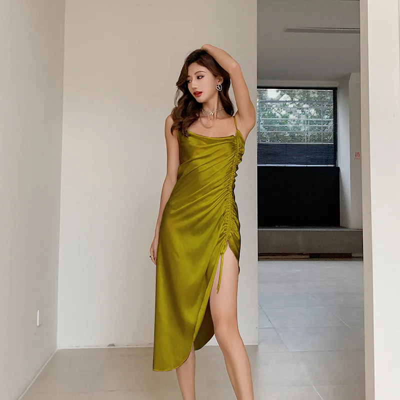 Sexy Women Nightwear Summer Lce Silk Print Split Drawstring Suspender Pajamas Ladies Wedding Night Clothes Nightgown Sleepwear