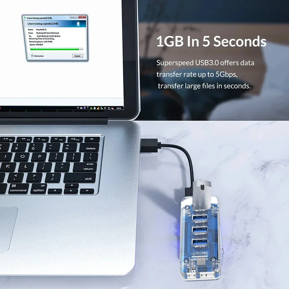 KEBIDUMEI רכזת USB שקופה USB 3.0 5Gbps מהירות גבוהה 4 יציאות הרחבה עם ספק כוח מתאם OTG למחשב נייד Macbook Pro