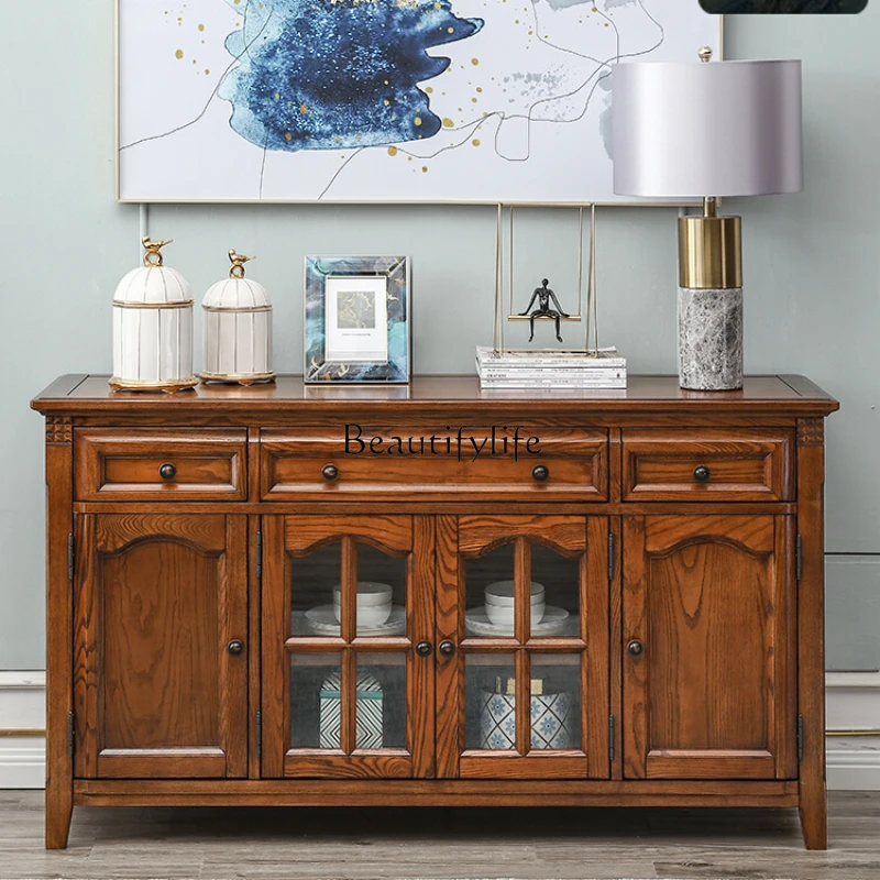 

American White Wax Side Cabinet Glass Door Wine Cabinet Solid Wood Home Antique Walnut Color