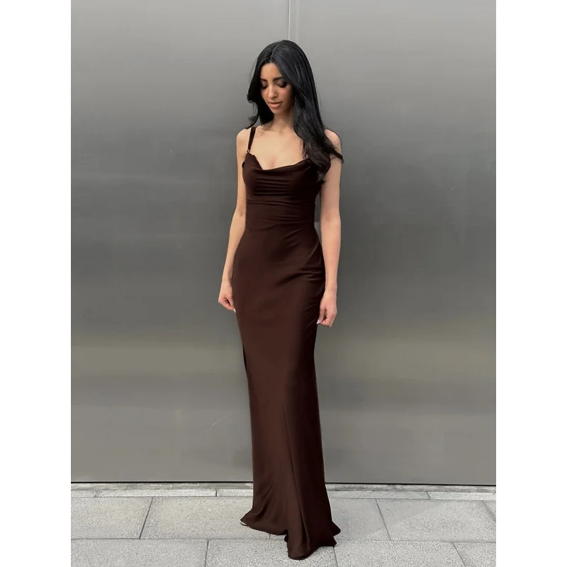 

New Affordable Luxury and Sexy Satin Strap Backless Swing Collar Dress Sleeveless Inner Match Loose and Floor Dress Long Dress Y