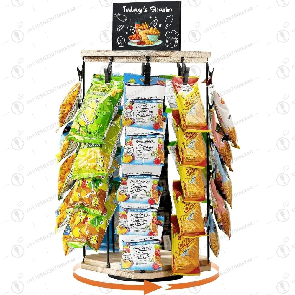 5-Tier Rotating Chip Rack with Message Board, 40-Clip Snack Organizer ...