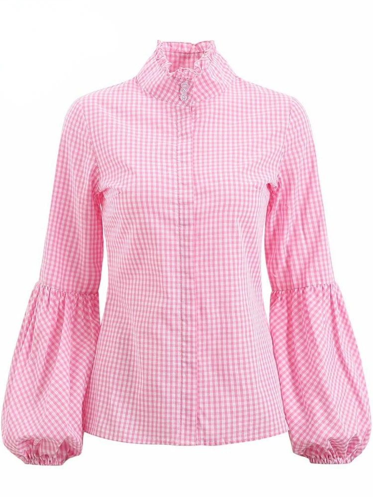 Clearance Women Blouse Retro Pink Plaid Cotton Shirts Lantern Grid Long Sleeves Ruched Turtle Neck Button Tops Blusas Casual