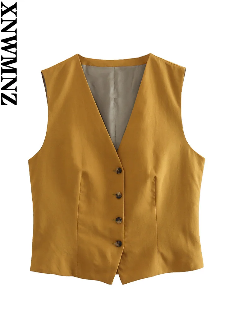 

XNWMNZ Women's Fashion 2023 Linen Blend V-Neck Waistcoat or Mid Waist Zipper Midi Skirt Versatile Female Chic Two Piece Set