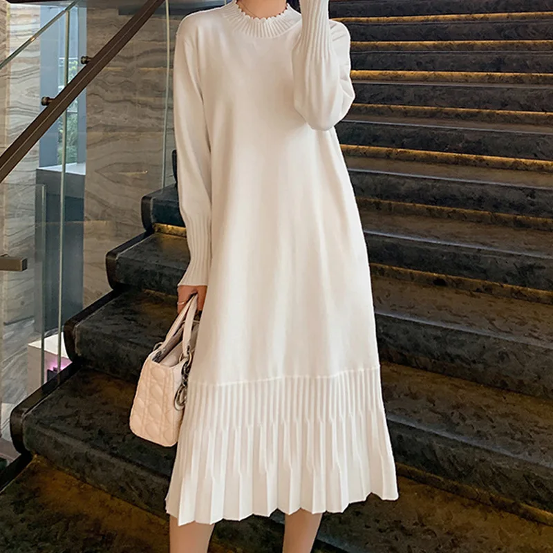 

Women's Long Knitted Sweater Dress, Korean Fashion, Lotus Leaf Collar, Monochromatic, Elegant Dresses