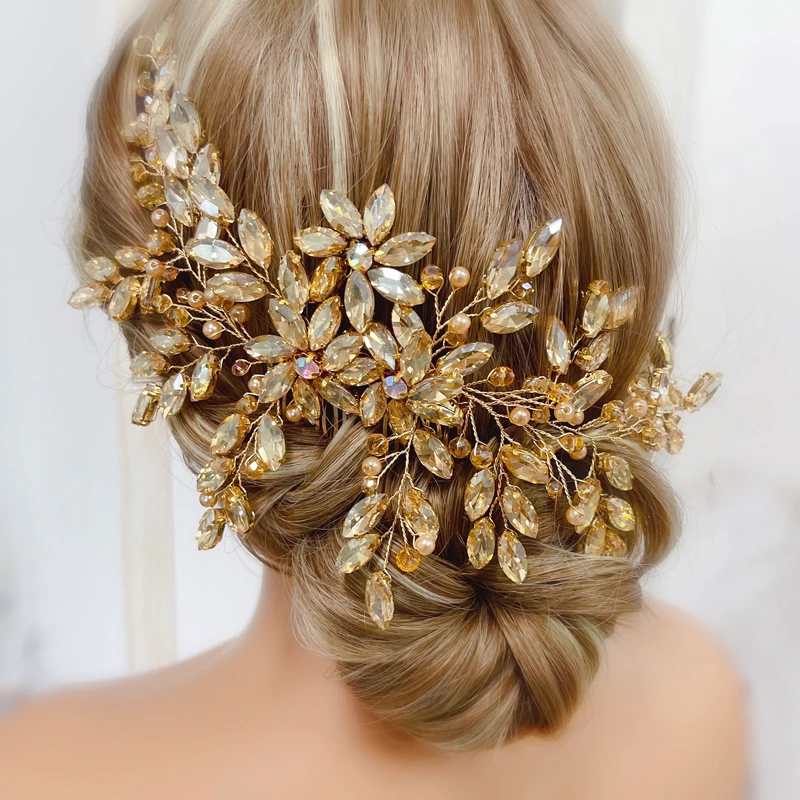 Hair Accessories Bridal Hair Accessories Bride Women Large Crystal Wedding Hair Comb Champagne Bridal Side Comb Full Rhinestone Hair Accessorie for Women and Girls