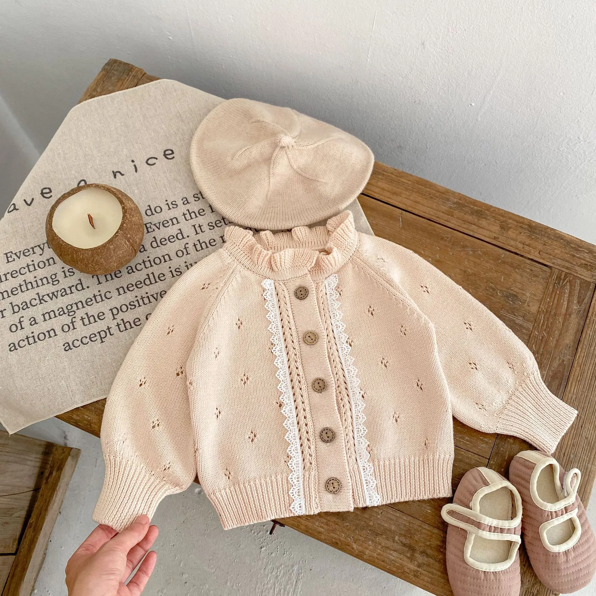 

Baby Girls Cut-out Lace Ruffled Sweater Coat Single-Breasted Long-Sleeved Toddler Outfit Tops 100% Organic Cotton 0-36 Months