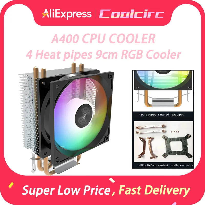 Coolcirc A400 CPU 쿨러 4 히트 파이프 9cm RGB 쿨러 PC 공냉식 라디에이터 AMD AM2/AM3/AM4용 조용한 유압 베어링