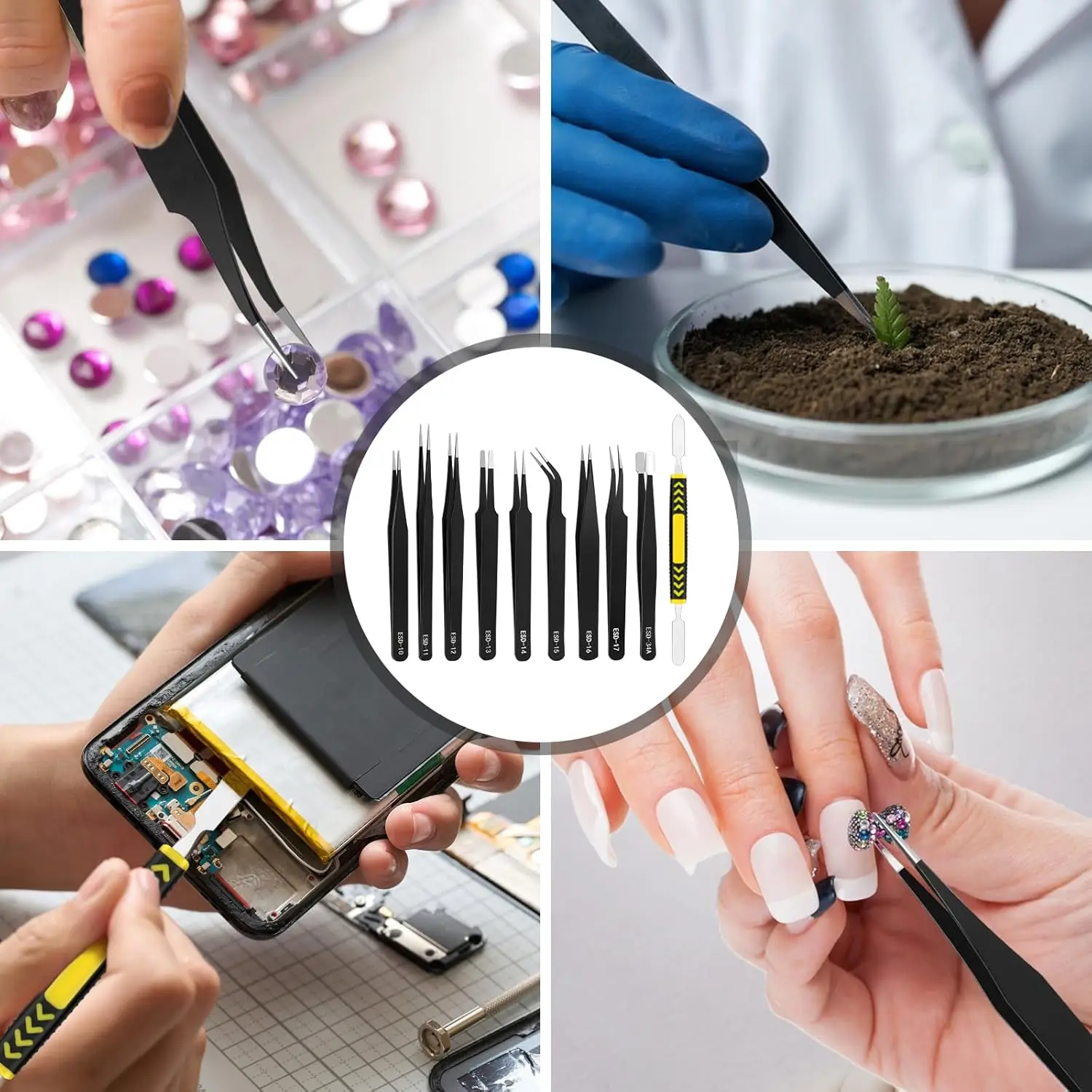 Kit 11 pièces pinces à épiler ESD antistatiques pour réparation électronique