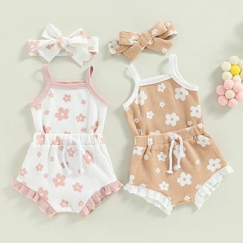 Newborn Infant Baby Girl Summer Rompers Set Floral Spaghetti Straps Sleeveless Jumpsuit and Casual Ruffle Shorts Headband 1