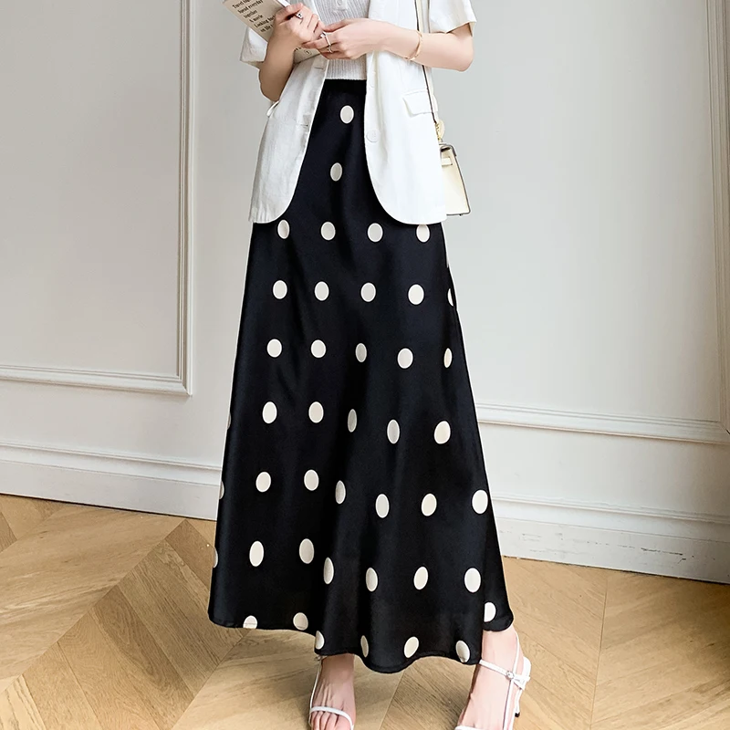 QOERLIN Polka Dot Elastic Waist Long Skirts Women Summer A-Line High Waist Black Skirt Elegant Casual Long Skirt Saias Mujer